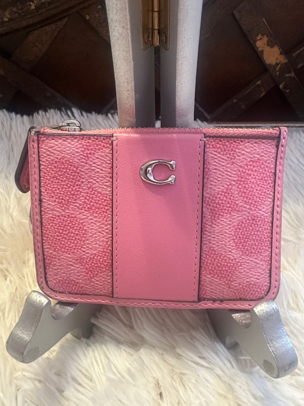 Coach Pink Signature Small Zip Card Case